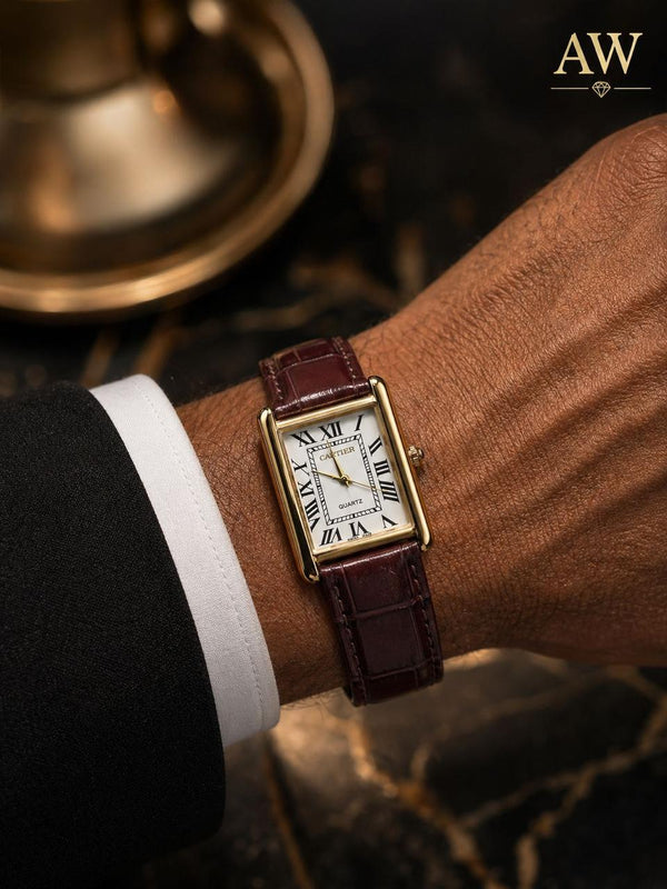 Cartier Tank — Gold Case, Burgundy Leather Strap (Men's Quartz Watch)