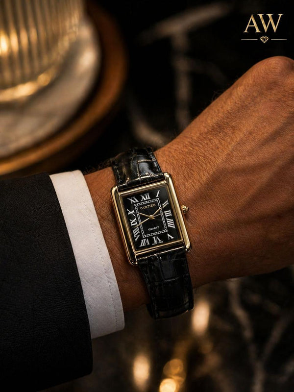 Cartier Tank — Black Dial, Gold Case, Black Leather Strap (Men's Quartz Watch)