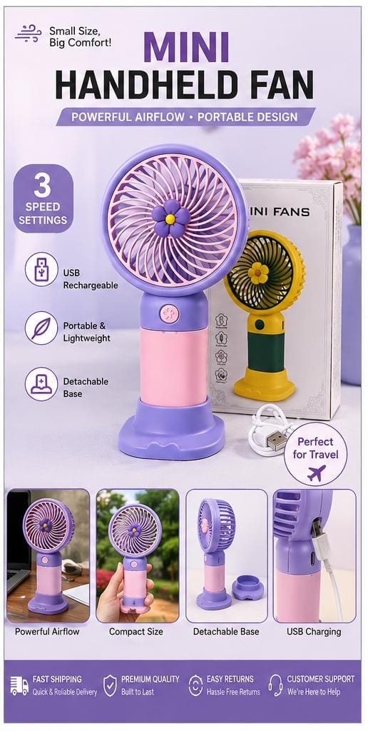 USB rechargeable handheld fan showing yellow blades and green frame from side angle