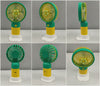 Portable USB rechargeable mini handheld fan in green and yellow with foldable stand and 360-degree adjustable head